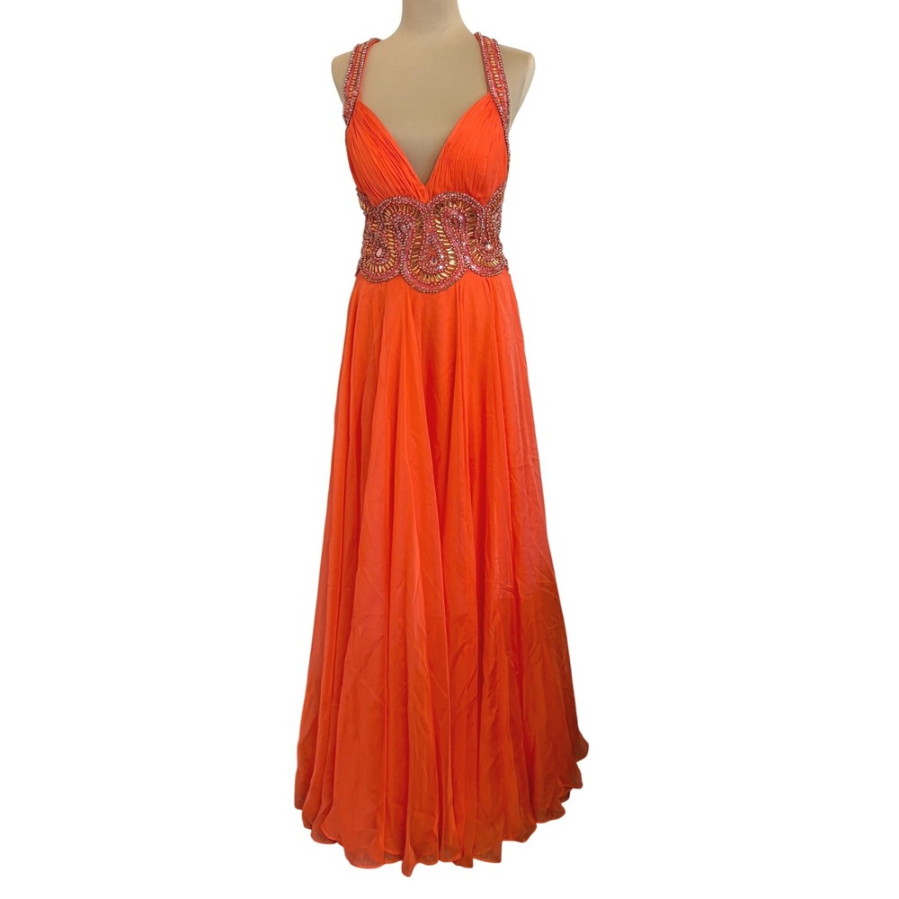 Sherri Hill Orange Beaded Chiffon Gown Size 10